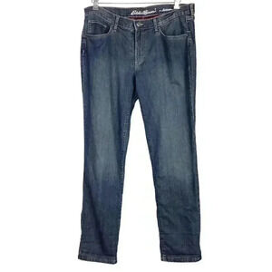 Eddie Bauer Boyfriend Women 12 Plaid Cotton Flannel Lined Jeans Blue Stretch